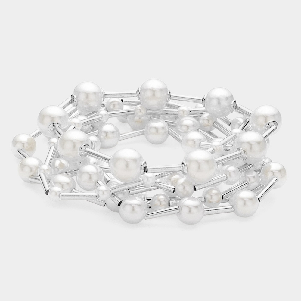 Silver White Pearl 7 Pc Set Ball Beaded Stretch Bracelets MultiLayered